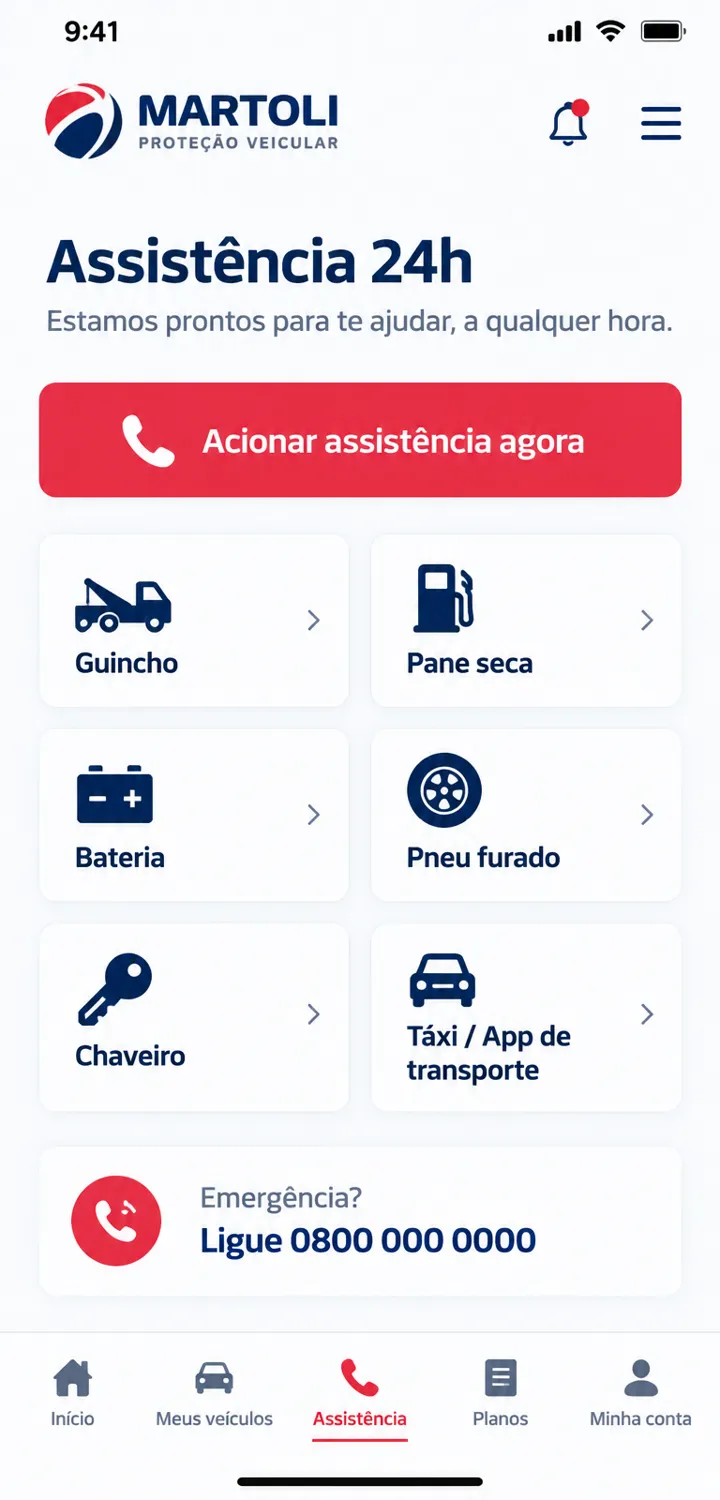 Acionamento de assistência 24h no aplicativo Martoli